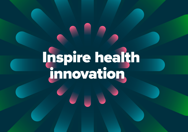 The words in the centre of the image read 'Inspire health innovation'. The background is dark and has bright colours coming out of the centre.