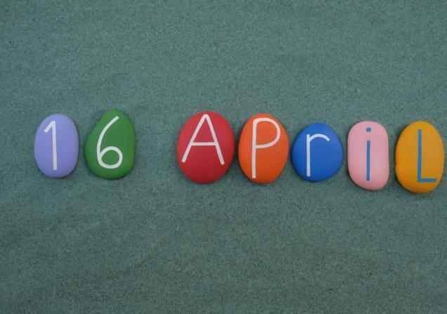 16 April written on pebbles. Image by Yournameonstone via Shutterstock.