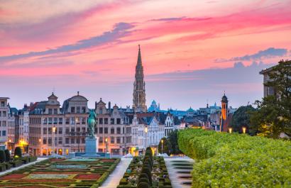 Image by Kavalenkava via Shutterstock. Brussels City Hall and Mont des Arts area at sunset in Brussels, Belgium. Image by Kavalenkava via Shutterstock.