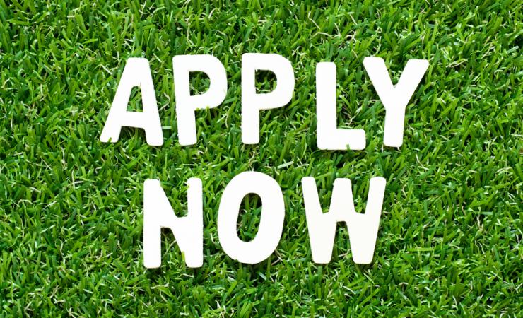 The words 'Apply now' in white letters lying on green grass. Image by Bankrx via Shutterstock.