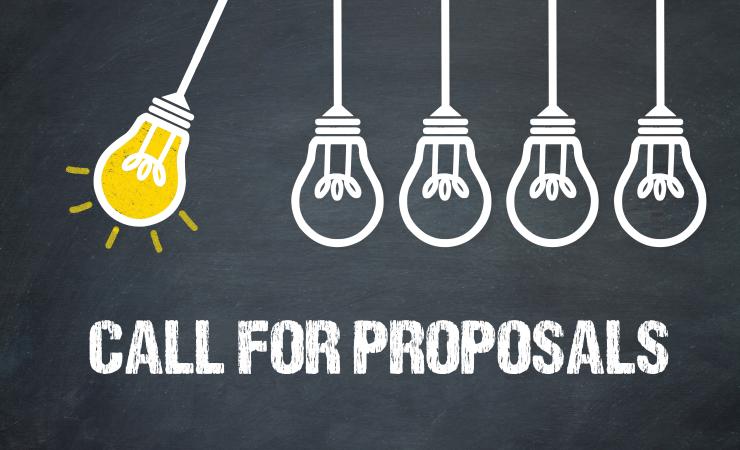Call for proposals text with a drawing of lightbulbs hanging and swinging against each other, as in Newton's experiment. 