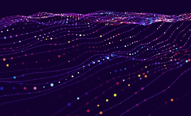 Thin purple wavy lines with small, brightly coloured dots, all against a dark background, representing data flows. Image by SkillUp via Shutterstock.
