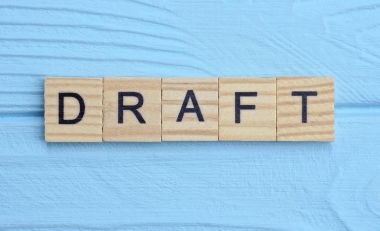 The word DRAFT written on wooden blocks on a pale blue background. Image by Butus via Shutterstock.