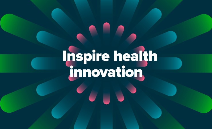 The words 'Inspire health innovation' within a series of colourful column shapes exploding outwards from the centre. 