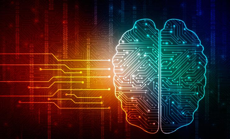 On the right: a drawing of a brain with lines connecting dots within the brain. On the left: horizontal lines connecting dots. The background shows more connecting lines and vertical strings of binary code. Image by jijomathaidesigners via Shutterstock