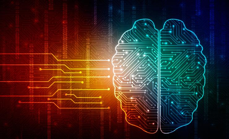 On the right: a drawing of a brain with lines connecting dots within the brain. On the left: horizontal lines connecting dots. The background shows more connecting lines and vertical strings of binary code. Image by jijomathaidesigners via Shutterstock