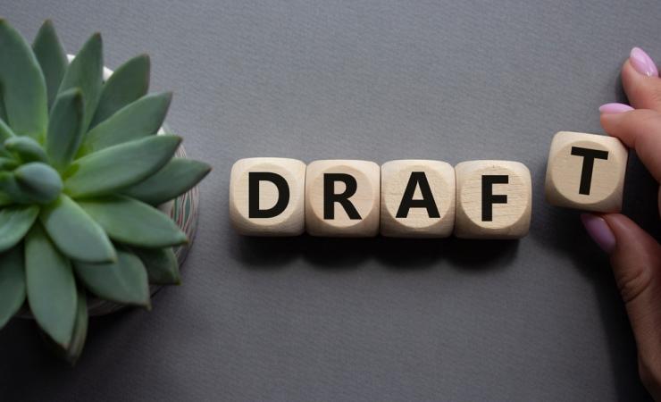 The word 'DRAFT' spelt out in blocks as seen from above against a greyish background. A woman's hand is just placing the last letter. To the left of the word we can see part of a plant. Image by Natalya Bardushka via Shutterstock.