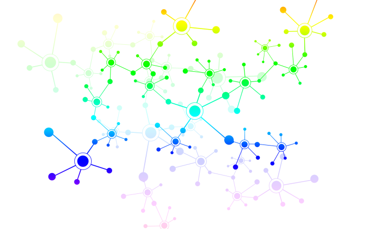 The image shows clusters of connected dots in different colours - red, yellow, green, blue, purple... Image by ElisaRiva via Pixabay