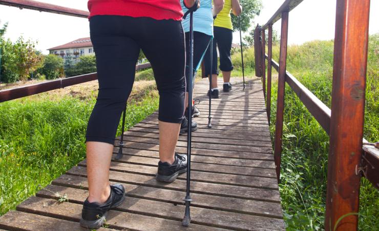 A group of three senior people doing Nordic walking on a wooden boardwalk in the countryside. Image by Jenny Sturm via Shutterstock.