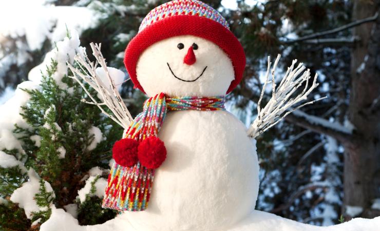 A little smiling snowman wearing a red woolly hat and scarf. Image by Muellek via Shutterstock.