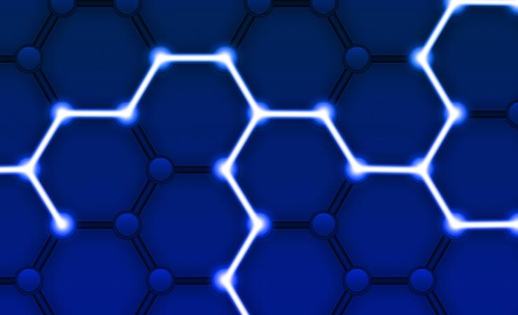 A few glowing white lines are connected in hexagon shapes against a blue background, representing the Blockchain.
