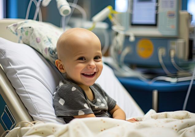 Child with cancer smiling in hospital. Image credit Adobe Stock. 