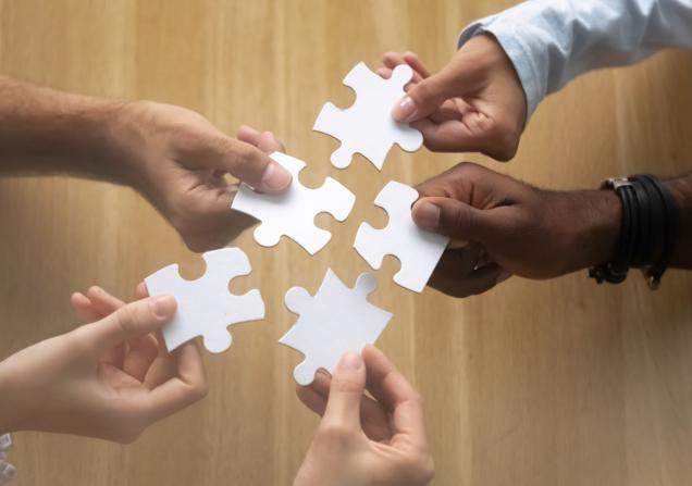 Hands of diverse team members assembling jigsaw puzzle. Image credit: Fizkes via Shutterstock.