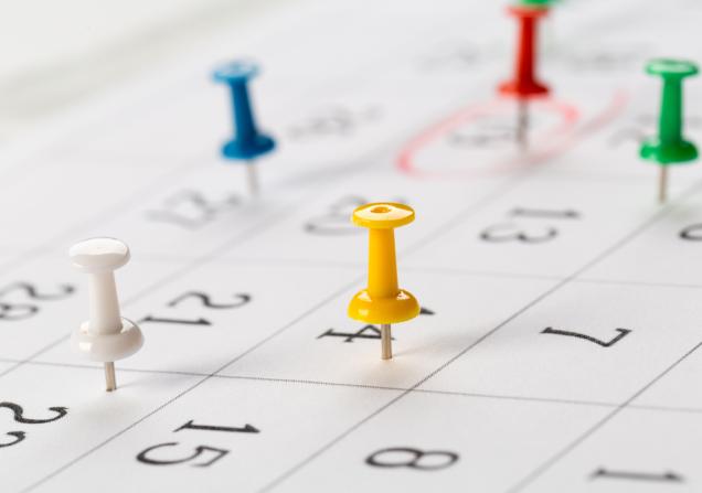 Colourful pins stuck in a white calendar. Image by Nana studio via Shutterstock.