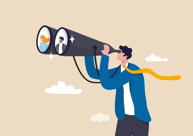 Cartoon of person with large binoculars searching for candidates. Image credit: eames via Shutterstock.