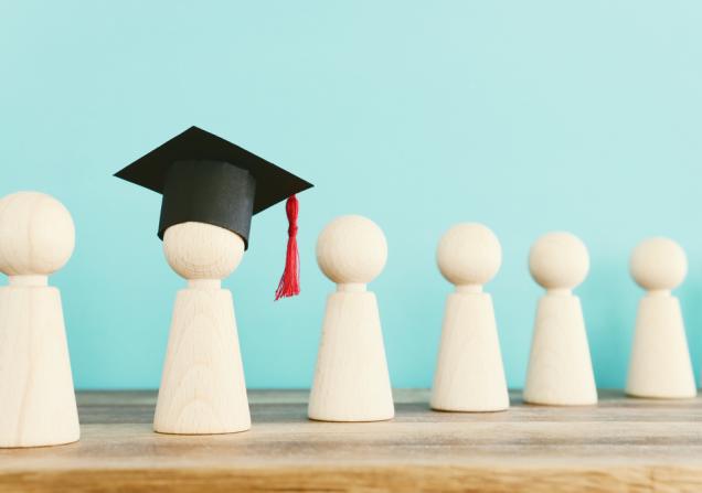A wooden figure with a mortar board. Image by tomertu via Shutterstock.