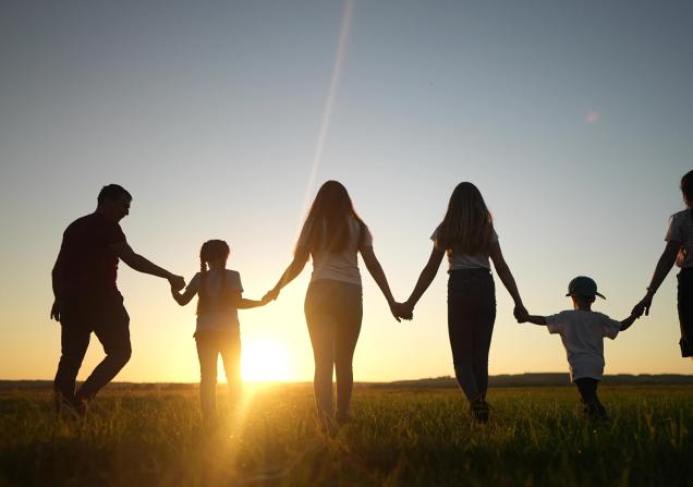 Group of people in shadow walking towards the sunset. 