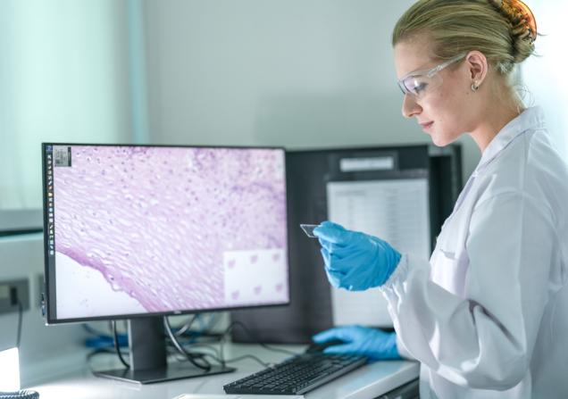 A pathologist examining a whole slide image, both in physical form and digitised form. Image credit: ultramansk via Shutterstock