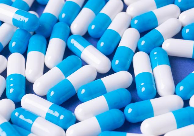 Blue and white pills. 