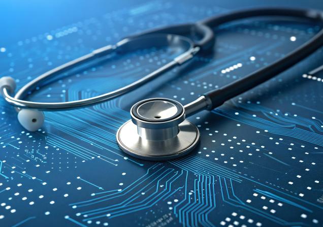A stethoscope on a motherboard. Image credit: Adobe Stock.