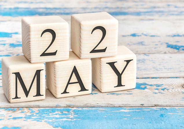 Wooden cubes with date of 22 May on old blue wooden background. Image by IhorL via Shutterstock