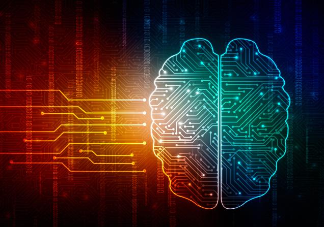 On the right: a drawing of a brain with lines connecting dots within the brain. On the left: horizontal lines connecting dots. The background shows more connecting lines and vertical strings of binary code. Image by jijomathaidesigners via Shutterstock