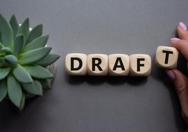 The word 'DRAFT' spelt out in blocks as seen from above against a greyish background. A woman's hand is just placing the last letter. To the left of the word we can see part of a plant. Image by Natalya Bardushka via Shutterstock.