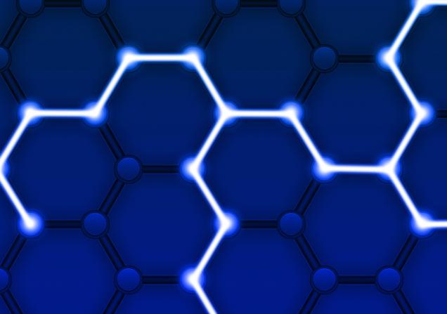 A few glowing white lines are connected in hexagon shapes against a blue background, representing the Blockchain. Image by Pete Linforth via Pixabay