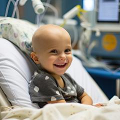 Child with cancer smiling in hospital. Image credit Adobe Stock. 