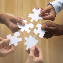 Image credit: Fizkes via Shutterstock. Hands of diverse team members assembling jigsaw puzzle