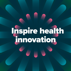 The words 'Inspire health innovation' within a series of colourful column shapes exploding outwards from the centre. 