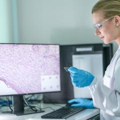 A pathologist examining a whole slide image, both in physical form and digitised form.