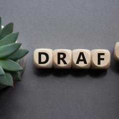 The word 'DRAFT' spelt out in blocks as seen from above against a greyish background. A woman's hand is just placing the last letter. To the left of the word we can see part of a plant. Image by Natalya Bardushka via Shutterstock.