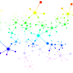 The image shows clusters of connected dots in different colours - red, yellow, green, blue, purple... Image by ElisaRiva via Pixabay