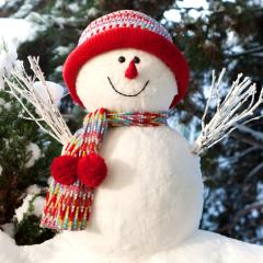 A little smiling snowman wearing a red woolly hat and scarf. Image by Muellek via Shutterstock.