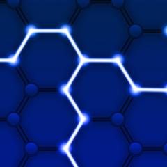 A few glowing white lines are connected in hexagon shapes against a blue background, representing the Blockchain.